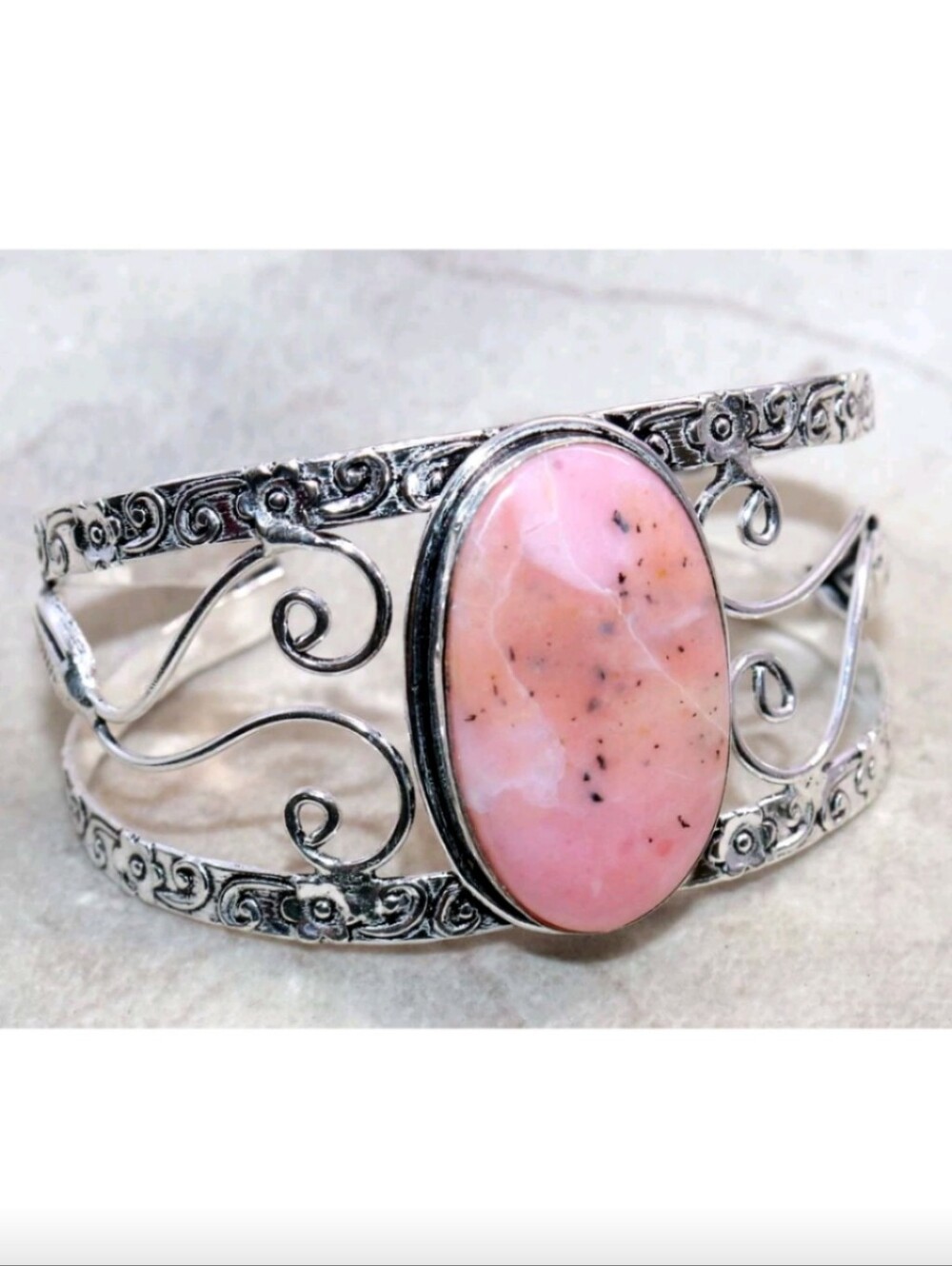 Peruvian Pink Opal Gemstone 925 Sterling Silver Adjustable Cuff Bracelet